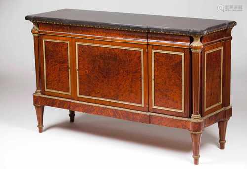 A Napoleon III sideboardMahogany and burr mahogany veneeredThree doorsYellow metal applied