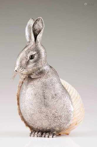 A Manuel Alcino rabbitPortuguese silverBody partially moulded in chiselled silver, with onyx eyes,