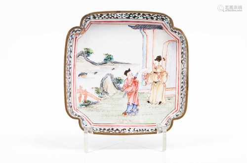 A small saucerPolychrome enamel on copperCentral landscape with oriental figuresQing dynasty, 18th /