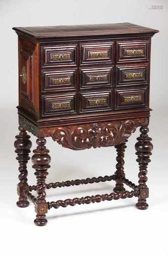 A cabinet on standRosewoodScroll scalloped apronTurned legs and stretchersFive drawers simulating