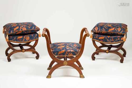 A pair of Empire style chairsMahoganyDecorated with gilt metal mounts and blue velvet upholstery20th