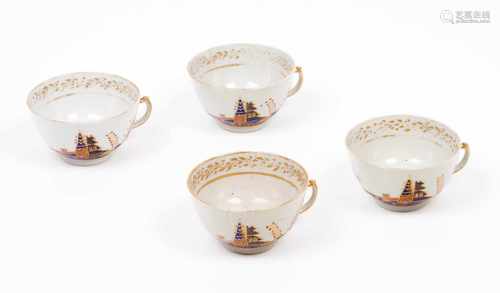 A set of four cupsChinese export porcelainRich polychrome decoration in shades of blue, salmon and