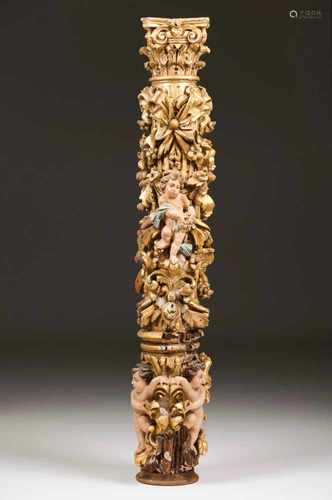 A columnCarved, gilt and polychrome woodThree quarter decorated with floral motifs, bows, acanthus