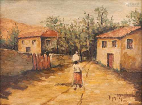 Hygino Mendonça (18??-1920)A landscape with buildings and figureOil on hardboardSigned21,5x29 cm