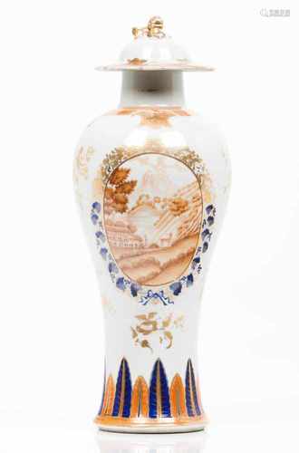 A lided potChinese export porcelainBlue, salmon and gilt decoration with sepia cartouches