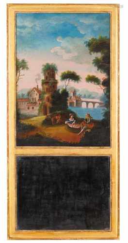 French School, 18th centuryA landscape with courtship sceneGilt wooden frame with lower mirrored