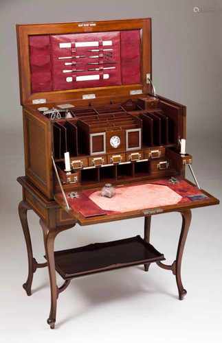 A writing cabinet on standMahoganyJacaranda and other timbers inlaid friezeInterior with various