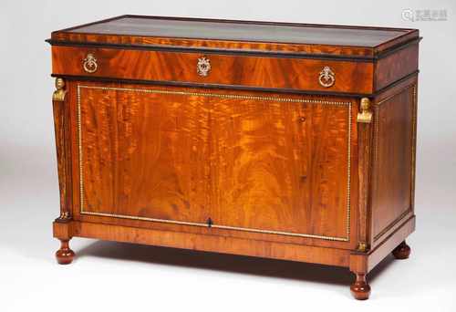 An Empire style chest of drawersMahogany and burr mahoganyOne drawer and one door and interior