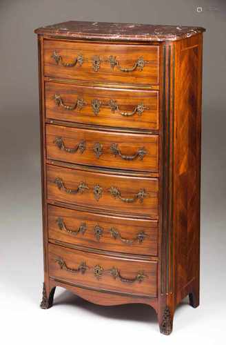 A Napoleon III style six drawer cupboardRosewood veneeredSix drawers, marble top and yellow metal