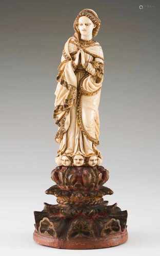 Our Lady of the Immaculate ConceptionIvory Indo-Portuguese sculpture, partially painted and gilt17th