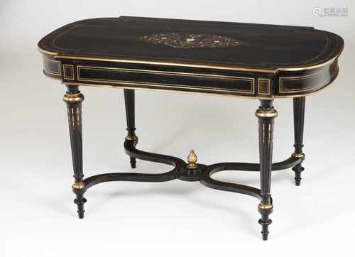 A Napoleon III centre tableEbonised woodBrass, ivory and tortoiseshell inlaid decorationFluted