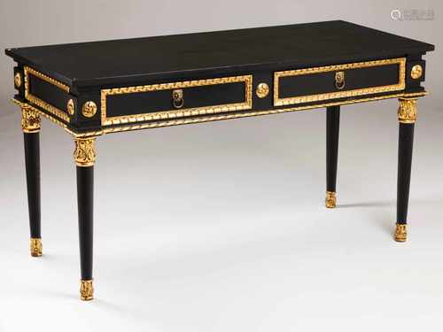 A deskBlack lacquered and gilt woodDecorated in carved foliage scroll motifsTwo drawers20th