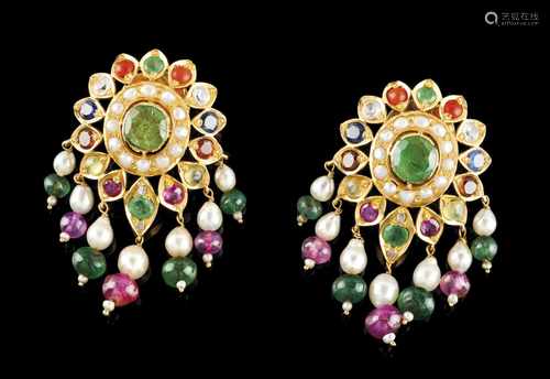 A pair of earringsIndian goldRosette shaped with pearl, sapphire and emerald and ruby root set