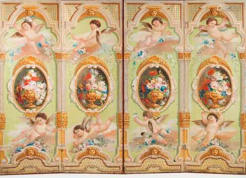 A Neoclassical four panel folding screenOil on canvasRepresenting angels and medallions with vases