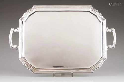 A trayEuropean silverPlain, hexagonal tray with scalloped double frieze lip, with two handlesEurope,