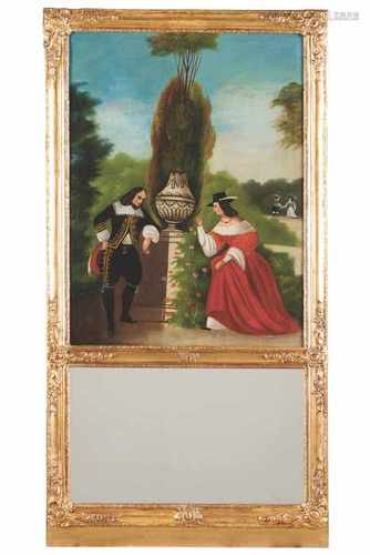 French School, 18th centuryA landscape with courtship sceneGilt wooden frame with lower mirrored