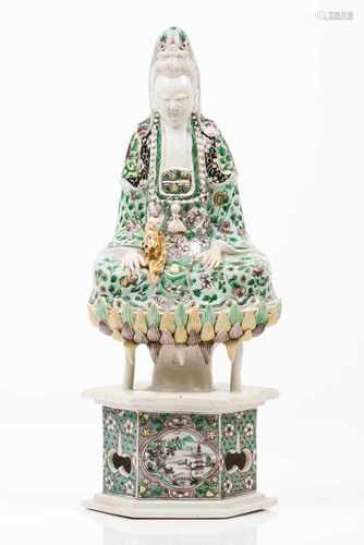 GuanyinPartly glazed and polychrome chinese biscuitPolichrome Famille VerteSeated in meditation pose