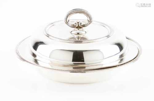 An entrée dishPortuguese silverPlain body and lid with gadrooned friezeLisbon hallmark, Eagle (916/