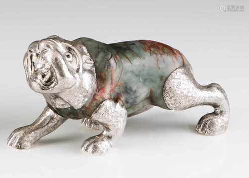 A Luiz Ferreira tigerHardstone and silverMoulded and chiselled tiger sculpture; bone teeth and