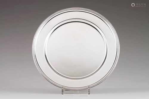 A serving platePortuguese silverPlain circular base with gadrooned friezeOporto hallmark, Eagle