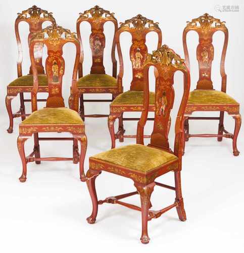 Six George III style chairsRed lacquered woodGilt chinoiserie decorationScalloped, carved and gilt