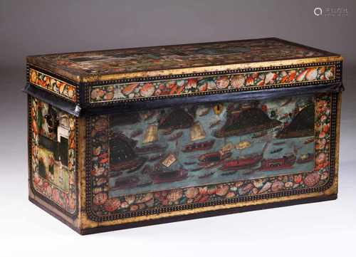 ChestPainted leather lined camphorwood decorated with Chinese quotidian scenes, seascapes and floral