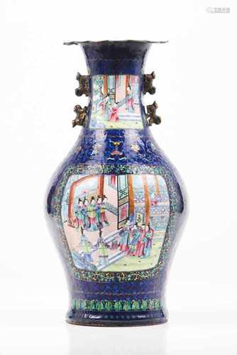 A vasePolychrome enamel on copperDecorated with cartouches of Chinese daily scenesQing dynasty, 19th