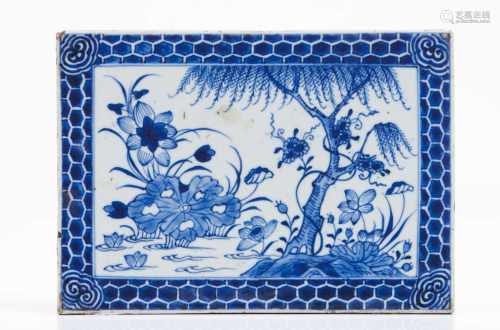 A plaqueChinese porcelain Blue underglaze decoration with lake landscape, tree and water
