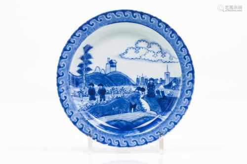 A plateChinese export porcelainBlue underglaze decoration of country scape with figures and