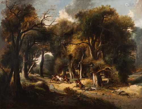 European School, 19th centuryDeer hunt with dogsOil on canvasSigned 