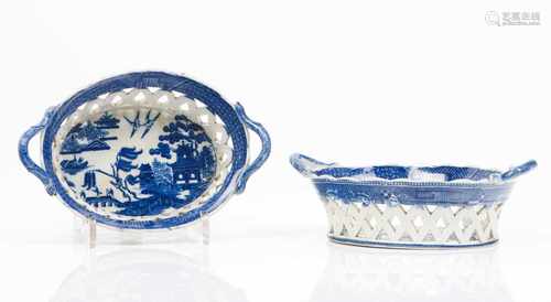 A pair of pierced basketsStonewareBlue riverscape decoration with pagodas and oriental