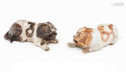 Two spanielsTwo biscuit sculpturesDecorated in ochre tonesChina, Qing dynasty, 18th / 19th century(