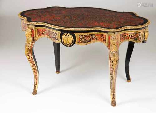 A Boulle style centre tableEbonised woodBrass and tortoiseshell marquetry decoration with applied