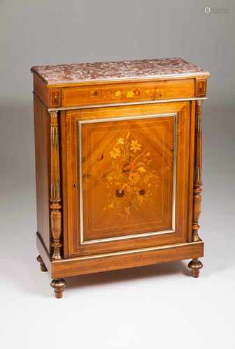 A Napoleon III low cupboardMahoganyVarious woods floral inlaid decorationCorners with carved columns