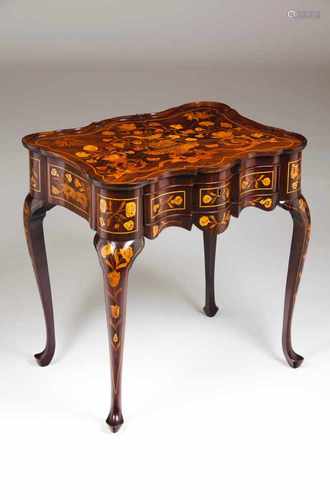 A side tableJacaranda and other woods inlay with flowers, birds and insectsOne drawer, scallopped