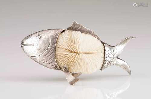 A fish Portuguese silver Chiselled and hammered applied on coral depicting a fishOporto hallmark,