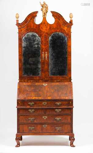 A George III bureau bookcaseMahogany and burr mahoganyThe bureau with five various sized drawers and