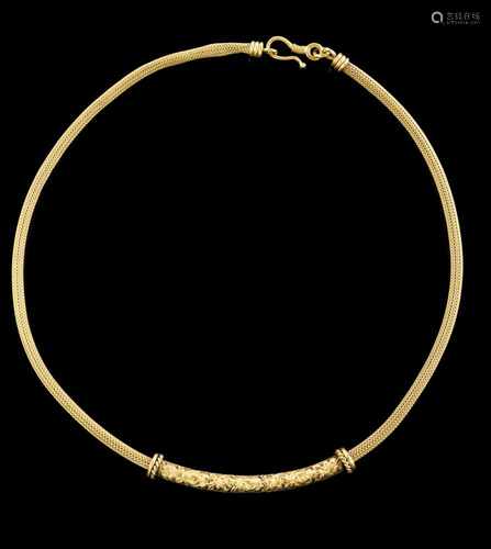 A necklaceGoldPhoenecian inspired model; tubular chain with mobile element, decorated in raised