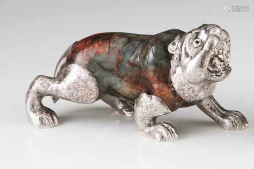 A Luiz Ferreira tigerHardstone and silverMoulded and chiselled tiger sculpture; bone teeth and