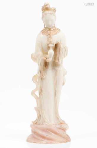 An oriental figureAlabaster and rose quartz sculptureFemale figure with vaseGilt decorationChina,