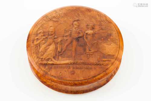 A lided boxBurr walnutCarved decoration depicting an open air scene with servicemen and female