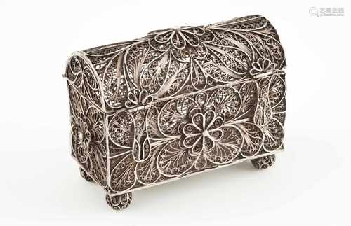 An Indo-Portuguese jewel casketSilver filigree, chest shaped and decorated with stylized floral