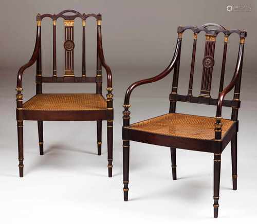 A pair of D.Maria armchairsIn the English tasteMahoganyShaped and pierced splats with gilt