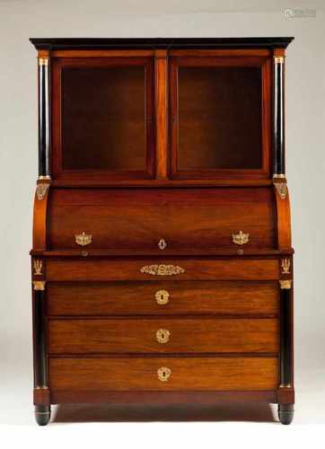 An Empire style bureau à cylindreMahoganyWith three long drawers and inteior with drawers, pigeon