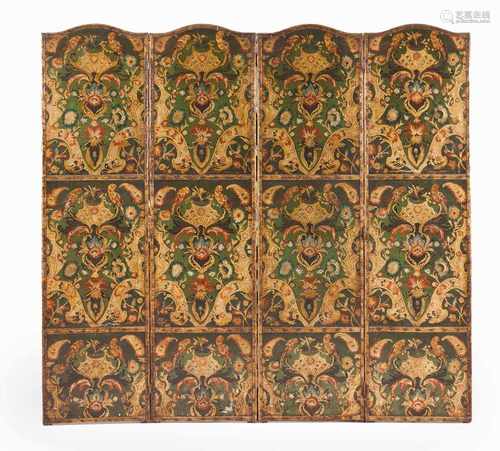 A four leaf screenFloral and bird motifs raised and painted leatherCordoba, 19th century(losses