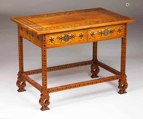 An Indo-Portuguese style tableTeak with ebony and bone inlaid decoration of foliage scrolls and