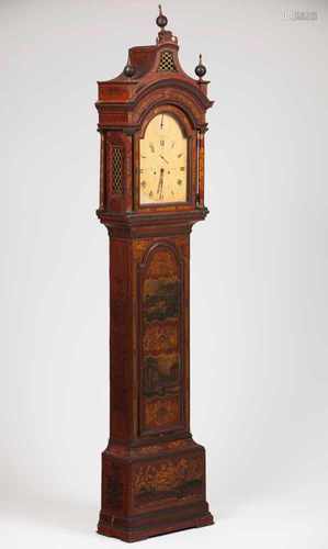 A long case clockPainted wood caseGilt decoration with cartouches of sepia landscapesPainted face of