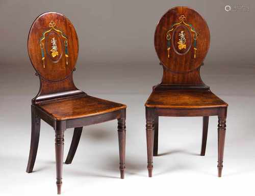 George III hallchairsMahoganyOval painted splats depicting helmet and 