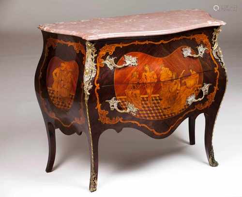 A Louis XV style commodeRosewood with jacaranda and other timbers marquetryBombe front and sides