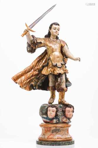 The Archangel Saint MichaelCarved, gilt and polychrome wooden sculptureDepicting the Archangel